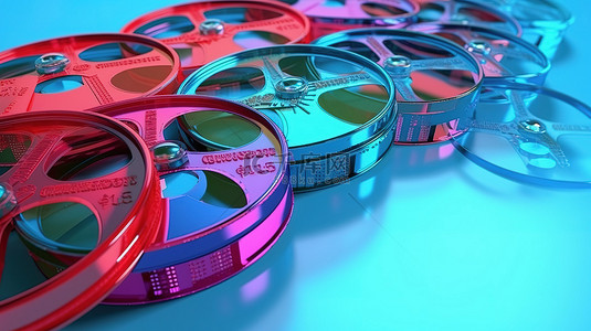 蓝色背景与电影卷轴和浮雕 3D 眼镜完美的娱乐组合
