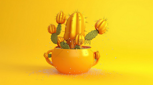 阳光超载 3D 简约渲染的仙人掌浸泡在黄色中
