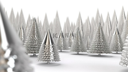 3d 渲染的白色圣诞森林装饰着银树