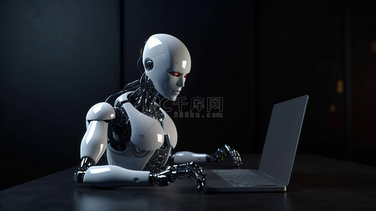 未来智能科技蓝色背景图片_从事计算机笔记本工作的 ai 动力机器人 3d 渲染