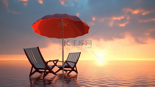 椅子底座背景图片_海滨宁静 3D 渲染的木制底座，配有椅子和雨伞，沐浴在海边的日落中