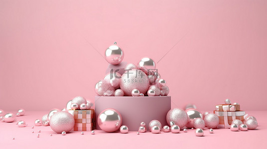 喜庆的粉红色工作室背景，配有圣诞球和礼物，非常适合 3D 渲染的贺卡
