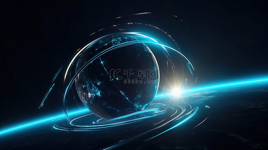 霓虹球背景图片_科幻概念发光和闪亮的行星与激光三角形和环在 3D 渲染外太空