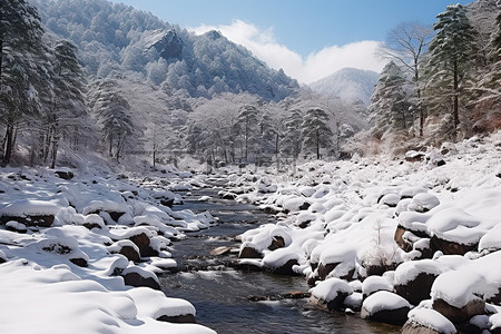 冬末雪地里美丽的冰冻溪流的景色