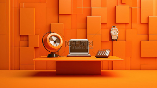 橙色办公桌与手机水平横幅的 3D 插图