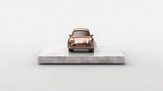 大理石讲台上的青铜汽车符号非常适合网站演示和设计模板 3D 渲染