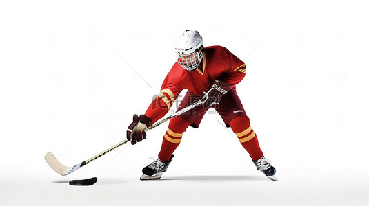体育人物背景图片_男性曲棍球运动员在白色背景的 3D 渲染中用棍子击球
