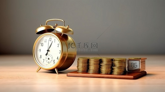 货币时间背景图片_时间 vs 金钱，用闹钟和硬币在比例 3D 渲染上说明