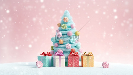 海报糖果背景图片_圣诞节和新年的节日问候雪树糖果充满礼品盒和柔和的背景 3D 渲染