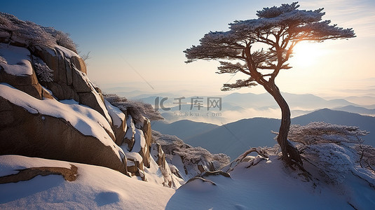 树雪景背景图片_山顶雪中的一棵孤独的树