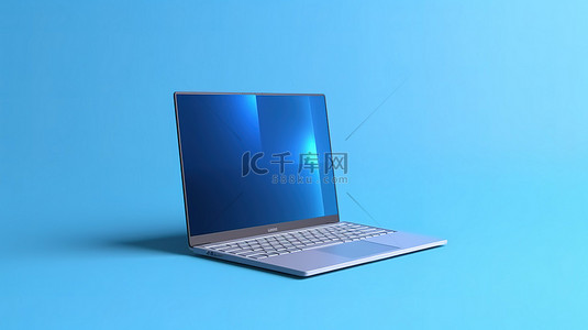 蓝色笔记本电脑的最小业务概念 3D 渲染，蓝色背景上有复制空间