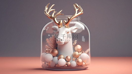 节日驯鹿展示 3D 插图，配有圣诞树雪橇和玻璃罐中的礼物