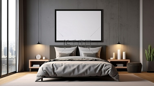 灰色色调的现代卧室内饰，床边有空白的海报框架模型 3D 渲染