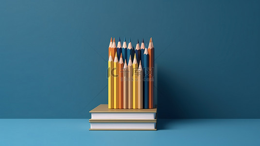 学习工具蓝色墙壁上铅笔和书籍的 3D 渲染