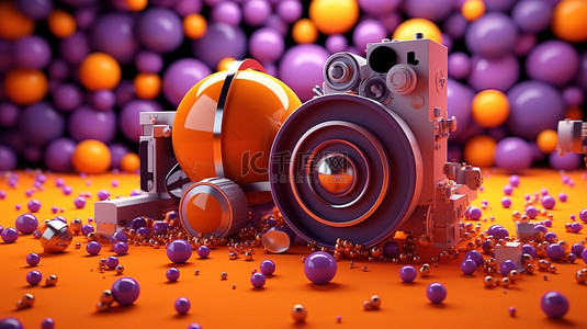 电影电影院背景图片_使用橙色电影放映机在紫色背景上渲染充满活力的球的 3D 渲染