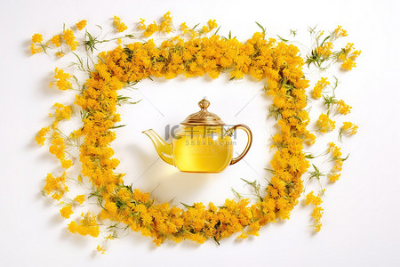 白色背景框架中的黄色花和茶壶