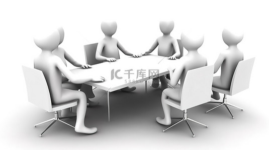 简短的背景图片_在白色背景下，围绕会议桌聚集 3D 人物
