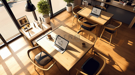在舒适的咖啡厅休息区使用数字平板电脑触摸板进行木桌的 3D 渲染