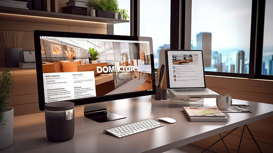 在线开公司背景图片_显示在渲染的办公室桌面上的数字营销网站