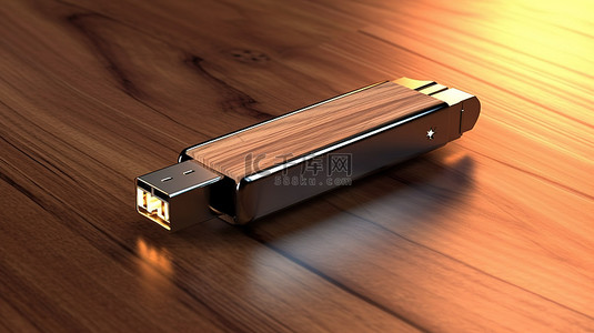 USB 驱动器在光滑的黑色木材 3D 渲染上亮相