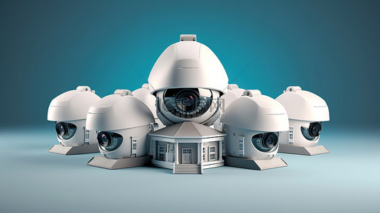 家庭安全系统的 3D 插图，房屋周围有多个摄像头，有充足的复制空间