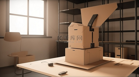 纸箱打包背景图片_出厂设置中 3d 渲染扫描仪机器上的纸箱