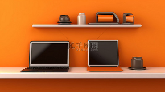 科技办公室背景图片_充满活力的橙色架子横幅 3D 渲染上的技术三重奏笔记本电脑手机和平板电脑