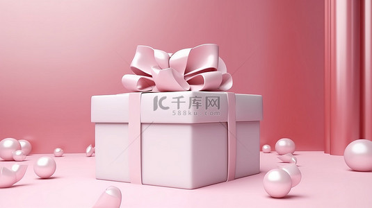 节日粉色海报用带有缎面蝴蝶结的 3D 礼品盒庆祝您的生日新年或圣诞节