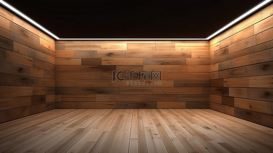 木墙和地板背景的美观 3D 渲染，具有充足的复制空间用于产品展示