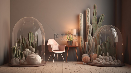透明圆顶椅子餐具柜仙人掌墙壁装饰中的家具系列
