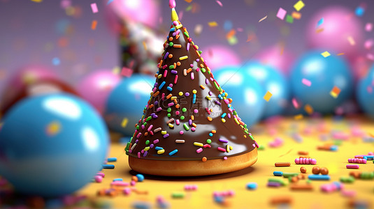 生日蛋糕帽子背景图片_派对准备好的甜甜圈 3D 渲染的喜悦与节日的帽子