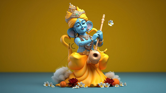 印度文化背景图片_克里希纳勋爵演奏班苏里长笛并拿着一壶黄油的 3D 渲染插图