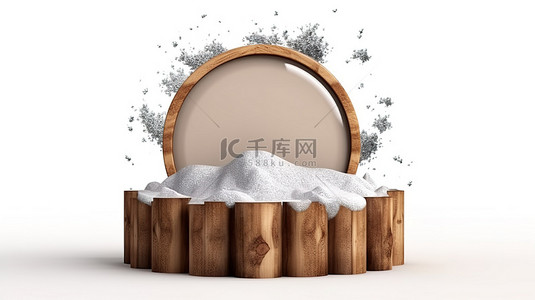 雪地背景图片_圆形土壤地面上带有木横幅和雪堆的孤立白色背景的 3d 插图