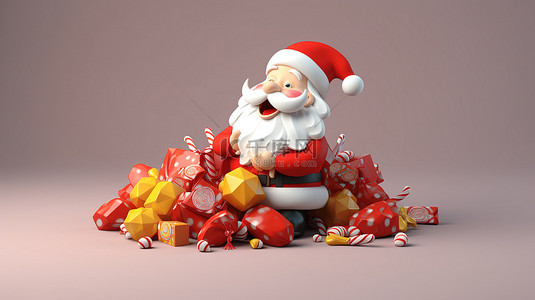 3d 圣诞老人背着装满圣诞礼物和糖果的袋子节日插画