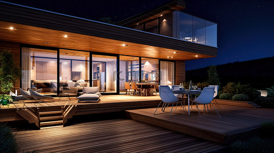 现代木屋木甲板休息区配有桌椅的夜间 3D 插图
