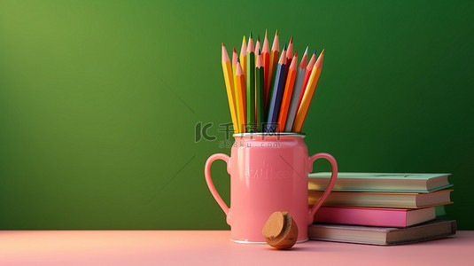 铅笔涂鸦背景背景图片_回到学校学习的象征 粉红色背景下绿板上书籍和铅笔的 3D 渲染图像