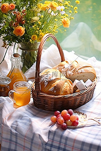 一篮子糕点百吉饼和苹果，绿色花瓶里有面包和果汁