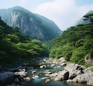 一条河流流经一座有巨大岩石的落基山