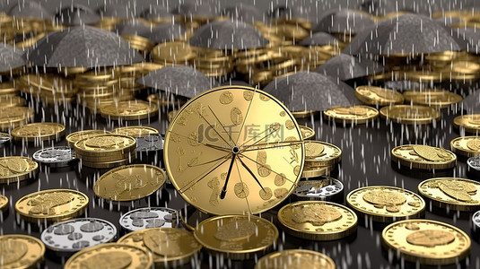 伞下的美元硬币雨是 3D 渲染插图中繁荣的象征