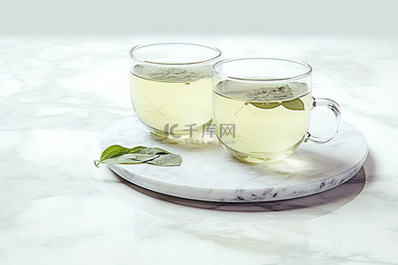 绿茶茶叶背景图片_大理石台面上的两杯绿茶