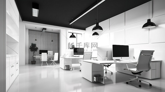 电脑植物背景图片_当代工作室办公室室内设计，配有两台具有令人惊叹的 3D 渲染效果的样机台式电脑