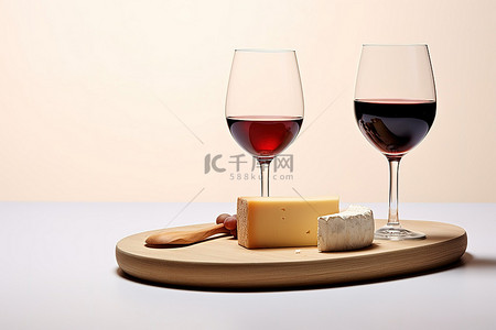 蓝莓奶酪背景图片_白色背景中的两个白葡萄酒杯和一块奶酪板