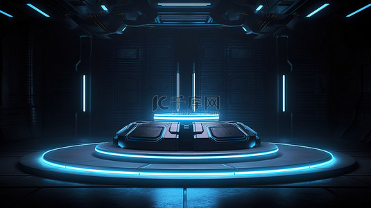 展示交易图标背景图片_黑暗科幻圆形讲台的未来派 3D 插图