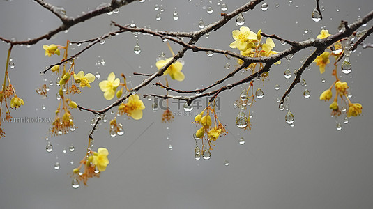 有黄色花的老落叶松树雨滴和黄色花