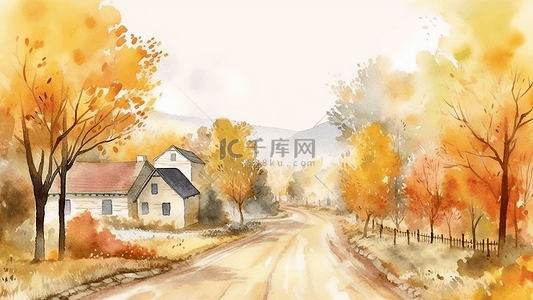 风景枫叶背景图片_秋天水彩风景插图