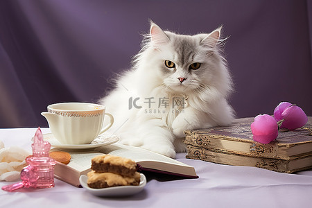 卡咖啡背景图片_猫和书食物肖像 4