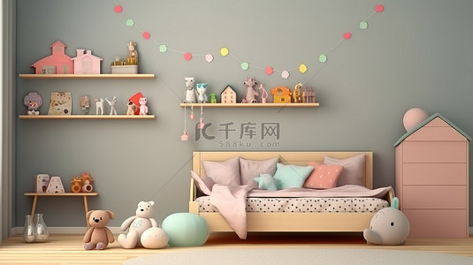 玩具地板背景图片_带有毛绒动物玩具的俏皮儿童房间的 3D 渲染插图