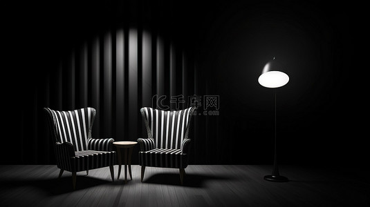 黑色椅子背景图片_一间引人注目的暗室中的白色椅子，配有黑色椅子和沙发 3D 渲染