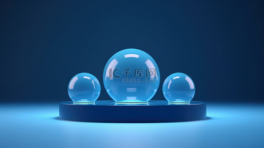 用于产品展示的蓝色圆柱基座上玻璃球的简约 3D 渲染