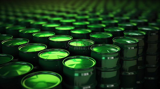 以堆叠阵列排列的绿色燃料桶的 3D 渲染图
